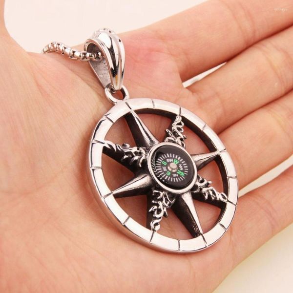 Pendentif Colliers Punk Argent Couleur Noir Acier Inoxydable Rond Boussole Collier Hommes Unisexe Bijoux Haute Qualité Boîte Libre Chaîne 24 pouces