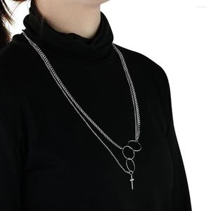 Pendentif Colliers Punk Petite Croix Pour Femmes Trois Cercle Géométrique Collier Longues Chaînes En Acier Inoxydable Cool Unisexe Bijoux