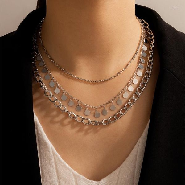 Pingente colares punk borla neckalce para mulheres corrente grossa cor de prata liga de metal multi-camada ajustável colar de jóias presente