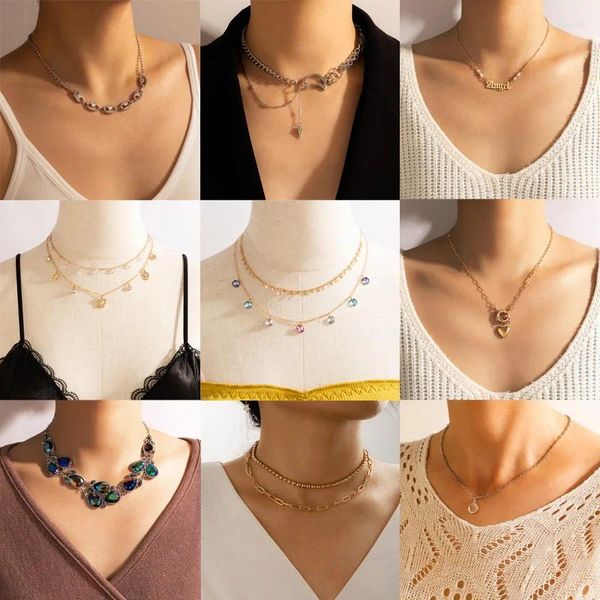 Collares colgantes Punk Cadena gruesa Gargantilla Collar para mujeres Niñas Cristal de lujo Piedra Corazón Borla Aleación Metal Joyería ajustable