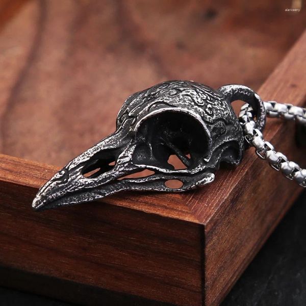 Pendentif Colliers Punk Viking Acier inoxydable Crow Skull Vintage Petite taille Nordic Mens Collier Biker Amulette Bijoux Cadeau Drop