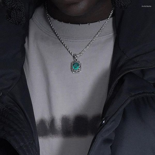 Pendentif Colliers Punk Vintage vert cristal carré charme pendentif collier pour hommes femmes fête Hiphop bijoux cadeau collier ras du cou Dz387