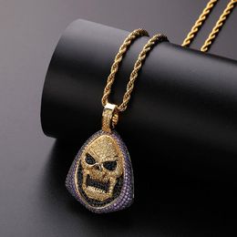 Collares colgantes Púrpura Negro Blanco 3 colores CZ Piedra pavimentada Bling Out Skull Mask Colgantes Collar para hombres Hip Hop Rapero Joyería Gold Colo