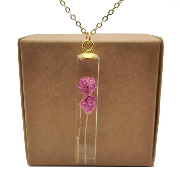 Pendentif Colliers Purple Blossom Babysbreath Vraie Fleur Transparent Cube Résine Or Couleur Chaîne Long Collier Femmes Boho Bijoux De Mode