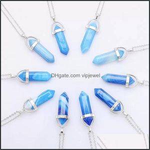 Hangende kettingen Purple Blue Stripe Agate Stone Pilaarvorm Charms Point Chakra Hangers ketting voor vrouwelijke mannen Groothandel Dhseller2010 DH2GQ