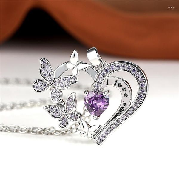 Pendentif Colliers Violet Cristal Coeur Pierre Collier Mignon Papillon Je T'aime CZ Classique Couleur Argent Chaîne Pour Les Femmes