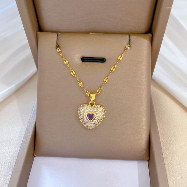 Pendentif Colliers Violet Cubique Zircone Coeur Forme Collier Pour Femmes En Acier Inoxydable Lien Chaîne Cristal Banquet Bijoux De Mariage Cadeaux