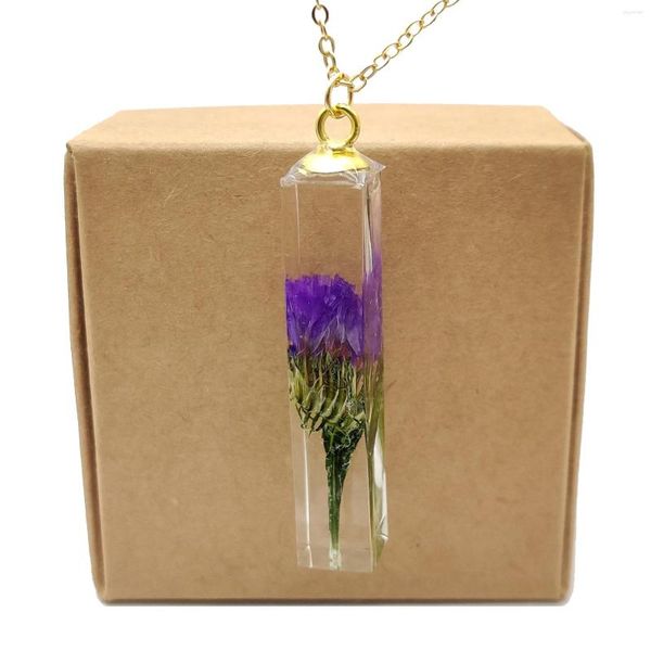 Colliers pendants pourpre Foublie-moi pas statistique vraie fleur transparente Resin Resin Gol Color Chaîne Long Collier Femmes Boho Bohemian