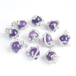 Hangende kettingen Purple Natural Amethist Stone Round Ball Bead Pendants Dragon Wrap Reiki Chakra Healing Amulet Sieraden Groothandel 10 stks