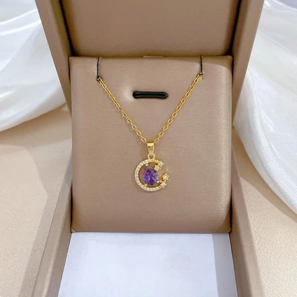 Pendentif Colliers Purple Stone Collier Demi-Lune pour filles Star Crescent avec Waterdrop Crystal Bijoux de luxe Collier