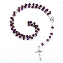 Pendentif Colliers Violet Vintage Mary Cross Collier Verre Cristal Perles Catholique Rosaire Prière Perle Religion Bijoux