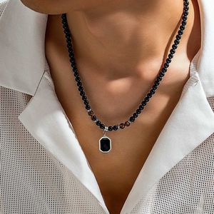 Hanger kettingen puui hiphop roestvrijstalen geometrische ketting voor mannen zwarte acryl natuursteen kralen choker boy nek ketting sieraden q240525