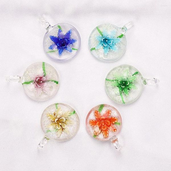 Pendentif Colliers Qianbei Mode En Gros 6 pcs À La Main Noctilucent Murano Murano Verre Mélange Couleur 3D Fleur Ronde Pendentifs Fit Collier