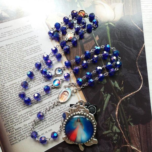 Collares colgantes QIGO azul cristal rosario metal virgen collar para hombres mujeres joyería religiosa larga