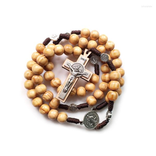 Hanger Kettingen QIGO Bruin Houten Kralen Strand Neckalce Jesus Cross Weave Rozenkransen Katholieke Religieuze Sieraden