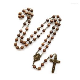 Pendentif Colliers QIGO Marron Bois Perles Vintage Jésus Croix Chapelet Collier Christ Vierge Religieux Bijoux