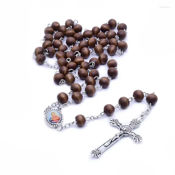 Pendentif Colliers Qigo Brown Chapelet en bois Collier Christ Croix Collier catholique Collier religieux Prière Bijoux pour hommes Femmes