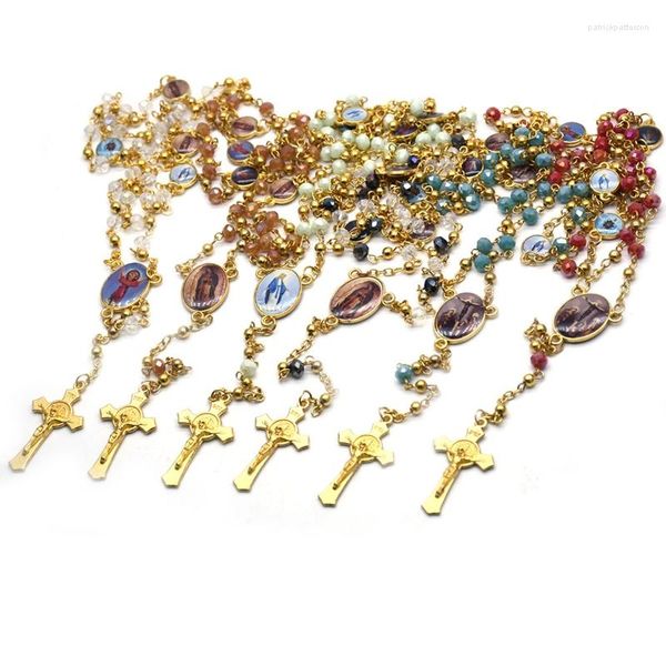 Pendentif Colliers QIGO Catholique Métal Perles Cristal Chapelet Collier Long Or Couleur Jésus Croix Collier Religieux Prier Bijoux