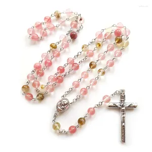 Pendentif Colliers Qigo Chapelet Catholique Long Rose Pierre Croix Collier pour Femmes Bijoux Religieux