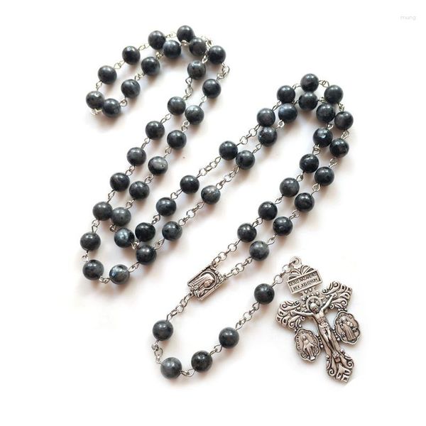 Collares colgantes QIGO Cruz Rosario Collar Retro Piedra Negra Con cuentas Católica Orar Joyería para hombres Mujeres