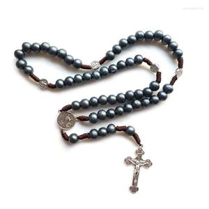 Pendentif Colliers QIGO Gris Bois Perles Strand Collier Catholique Jésus Croix Chapelets Bijoux Religieux