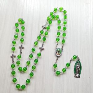 Pendentif Colliers QIGO Vert Acrylique Perles Chapelet Croix Catholique Collier Long Religieux Prier Bijoux