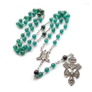Pendentif Colliers QIGO Vert Opale Chapelet Long Vintage Grand Jésus Croix Vierge Collier Pour Hommes Femmes Religieux Prière Bijoux
