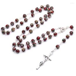 Colliers pendants Qigo Red Cloisonne Rosaire Neckalce Long Jésus croix religieuse Catholic Pray Bijoux Gift