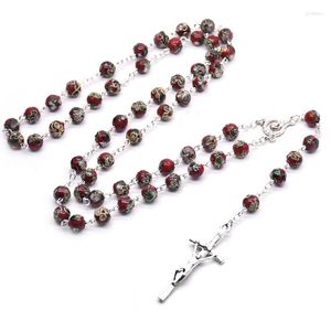 Colliers pendants Qigo Red Cloisonne Rosaire Neckalce Long Jésus croix religieuse Catholic Pray Bijoux Gift