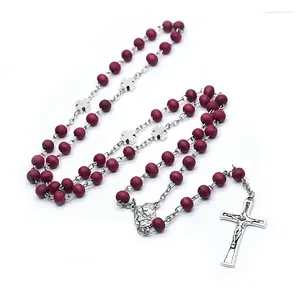 Pendentif Colliers Qigo Perles de bois rouge Croix Rosaire Collier pour femmes Hommes Bijoux de prière religieuse