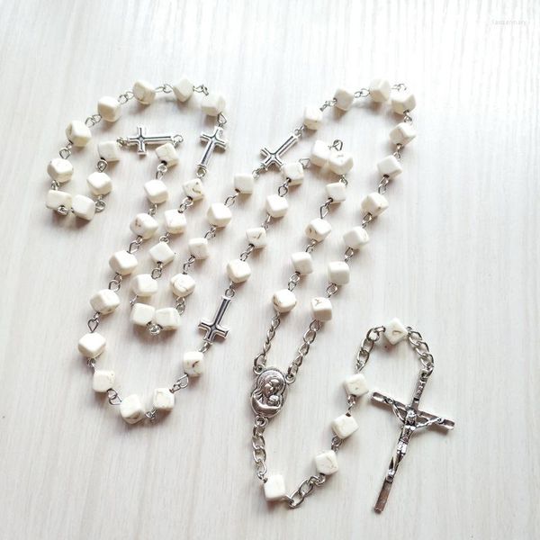 Collares pendientes QIGO Religioso Rezar Joyas Cruz de metal Collar de rosario de piedra cuadrada blanca para hombres Mujeres