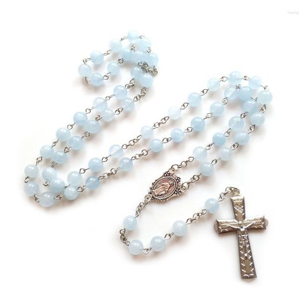 Collares colgantes QIGO Rosario Collar Católico Cruz de piedra azul para hombres Mujeres Cadena larga