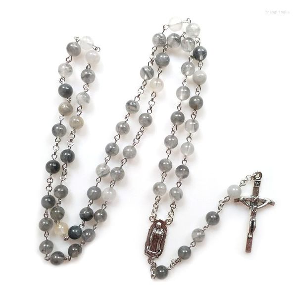 Pendentif Colliers QIGO Vintage Pierre Noire Croix Chapelet Collier Catholique Jésus Religieux Bijoux Pour Hommes Femmes