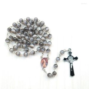Anhänger Halsketten QIGO Vintage Emaille Kreuz Katholische Halskette Schwarze Opale Rosenkranz Lange Kette Religiöser Schmuck