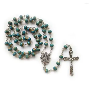 Pendentif Colliers Qigo Vintage Vert Céramique Rosaire Collier Long Jésus Croix Perles Strand Bijoux Catholiques