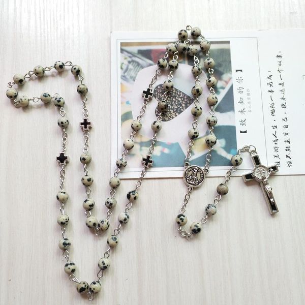 Collares colgantes QIGO Vintage Spots Stone Long Cross Rosario collar católico religioso orar joyería para hombres y mujeres