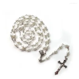 Pendentif Colliers Qigo Blanc Imitation Perle Rosaire Croix Collier Pour Hommes Femmes Vintage Saint Graal Bijoux De Mariage Religieux