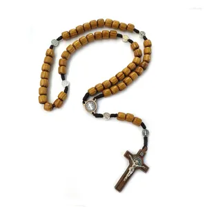 Pendentif Colliers Qigo Chapelet en bois Collier Long Tissé Perles Croix pour hommes Femmes Bijoux religieux