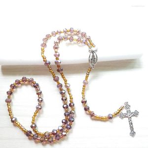 Pendentif Colliers QIGOTe Strand Chapelets Violet Cristal Perles Croix Collier Long Catholique Bijoux Pour Femmes