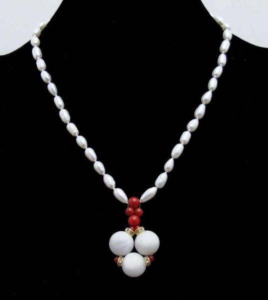 Pendentif Colliers Qingmos 6-7mm riz naturel d'eau douce collier de perles blanches pour les femmes avec 10mm pierre de lune Penadant 17 ''Chokers Nec6434