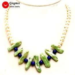 Colliers pendentifs Qingmos naturel 20mm collier de perles vertes Biwa pour femmes avec 6-7mm rond blanc bleu Jades 17 ''tours de cou