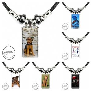 Pendentif Colliers Rapide Belle Airedale Terrier Chien Bijoux Vintage Acier Plaqué Avec Verre Cabochon Ras Du Cou Long Rectangle Noir HematitePen