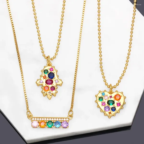 Pendentif Colliers Rainbow CZ Crystal Heart Collier pour femmes Cuivre Zircon Fatima Main Bar Plaqué Or Bijoux Cadeaux Arcoiris Nkeb349