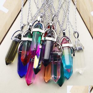 Pendentif Colliers Arc-En-Verre Hexagonal Colonne Point Noir Cordon Collier Cylindrique Charmes Minéraux Guérison Cristal Bijoux Goutte Dh6Vw