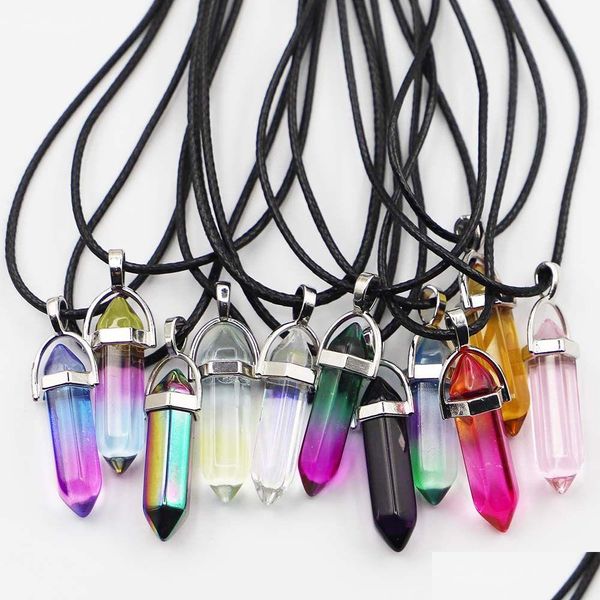 Colliers pendentif arc-en-ciel verre colonne hexagonale point cuir cordon collier breloques cylindriques minéraux guérison cristal bijoux Dro Dhfeq