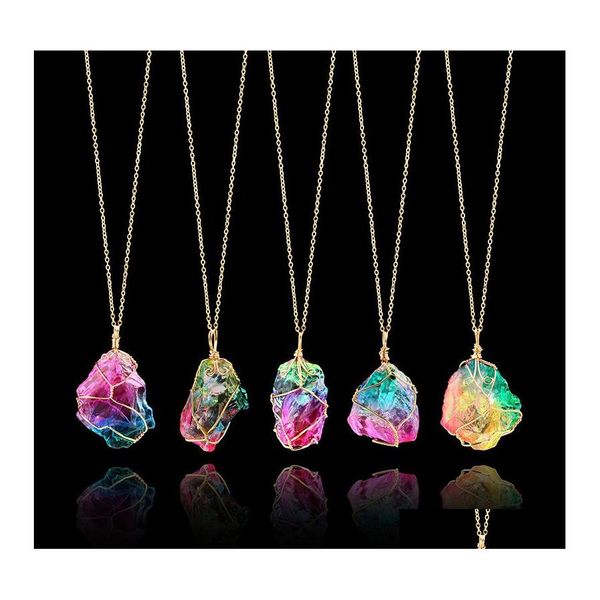 Collares pendientes Arco iris Collar de piedra natural para mujeres Hombres Curación Cristal Cuarzo Irregar Encanto Cadenas de oro Joyería de moda Gota Otkgy