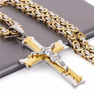 Hanger kettingen rakol kruis Jezus kruisiging ketting voor mannen vrouwen goud zilver zwart kleur roestvrij staal byzanine ketting crucifix