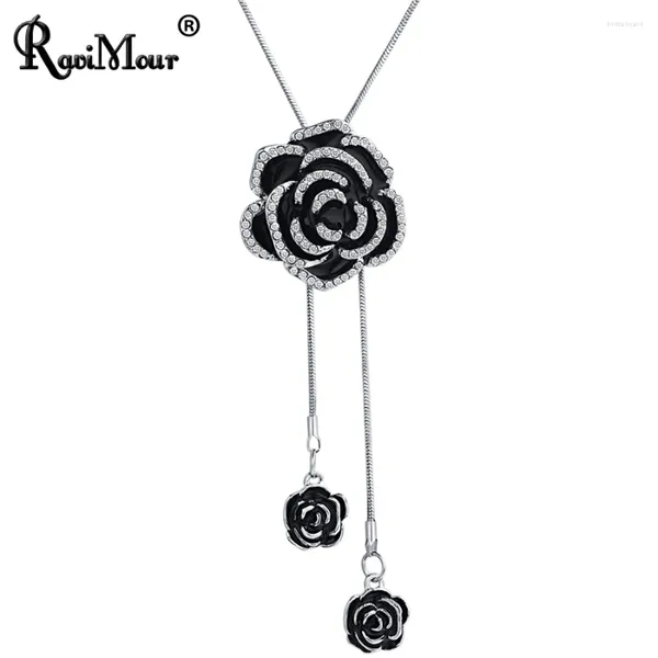 Colliers de pendentif Ravimour Black Rose Flower Long Collier Femmes Déclaration de mode Pendants Silver Color Challe Choker Bijoux