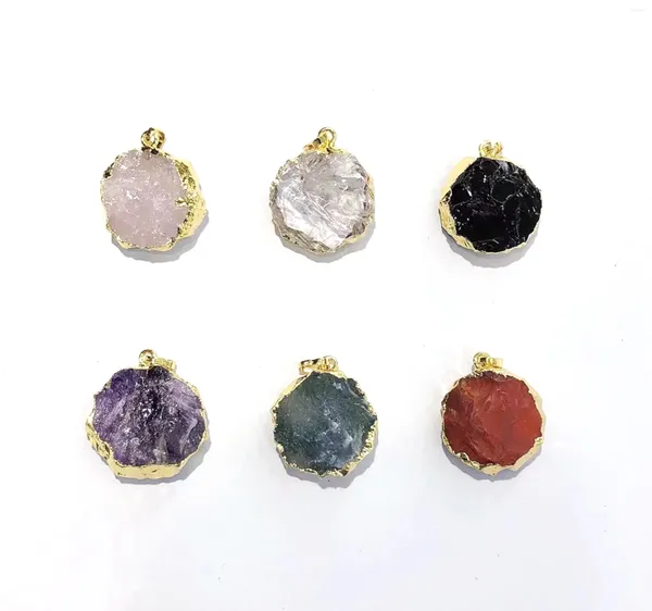 Colliers pendants Crystal brut Gold / argent plaqué Hand Hattered Round Gemstone Charms Quartz Boho Bijoux Red Agate Amethyst Obsidian