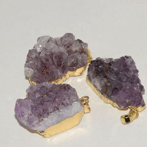 Collares pendientes Cristal púrpura crudo Druzy Stone Natural 2022 Mujeres Fabricación de joyas Bisel de oro grande Chapado en cuarzo Gema Gran racimo en bruto